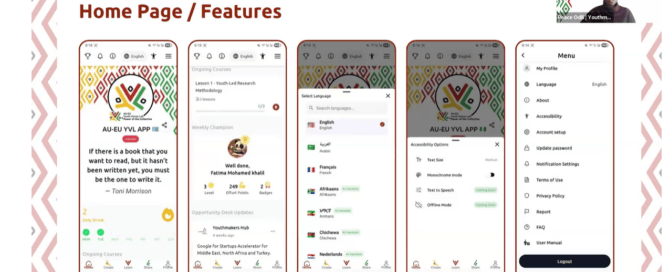 Screenshot of a presentation slide titled 'Home Page / Features.' It shows five smartphone screens displaying various app interfaces, including quotes, language selection, and menu options. Colorful patterns decorate the top. A small video call window in the top right corner shows a presenter speaking.