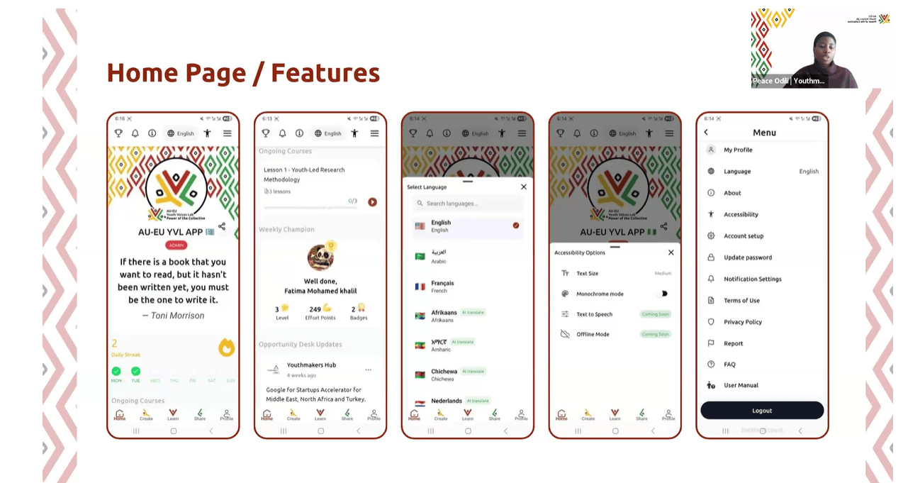 Screenshot of a presentation slide titled 'Home Page / Features.' It shows five smartphone screens displaying various app interfaces, including quotes, language selection, and menu options. Colorful patterns decorate the top. A small video call window in the top right corner shows a presenter speaking.