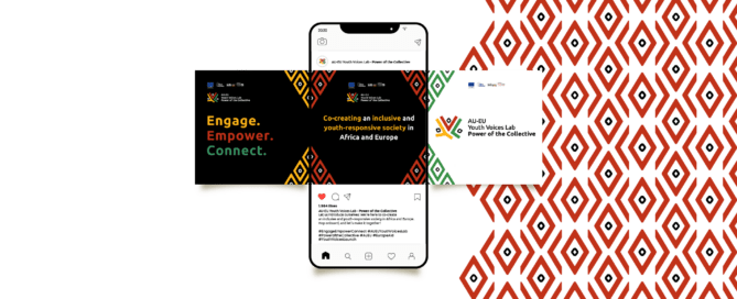 A main page of a social medium including different posts of the project, like a post with the slogan "Engage, Empower, Connect" and another with the tagline "Co-creating an inclusive and youth-responsive society in Africa and Europe.