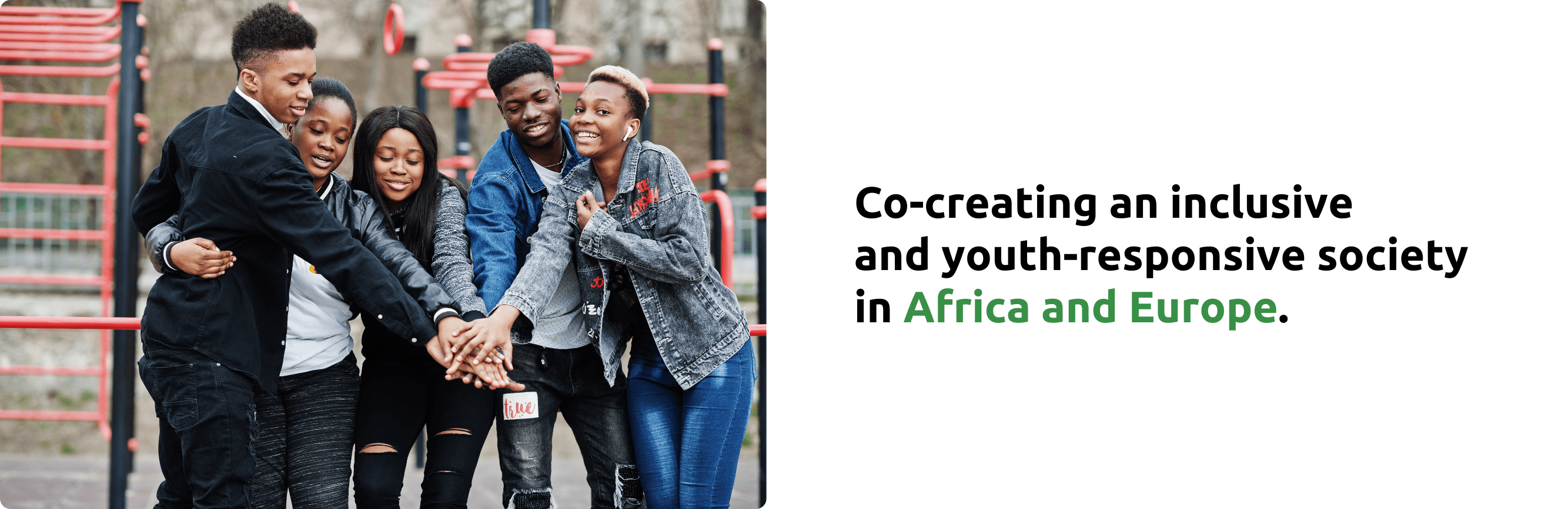 A diverse group of young people smiling and joining hands in unity at an outdoor park with a red playground structure. The image represents the AU-EU Youth Voices Lab – Power of the Collective, promoting youth engagement in Africa and Europe.
