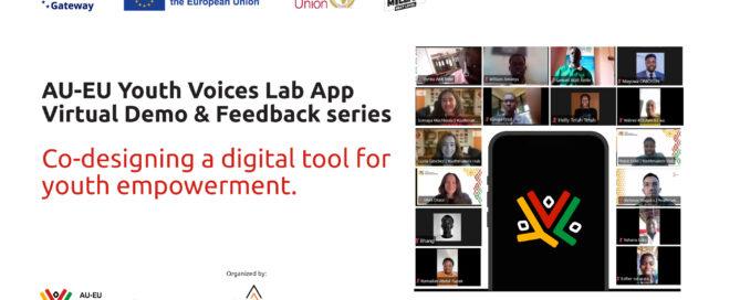 Digital image promoting the AU-EU Youth Voices Lab App demo, showing EU and AU logos, a youth video call, and a smartphone with the app logo.