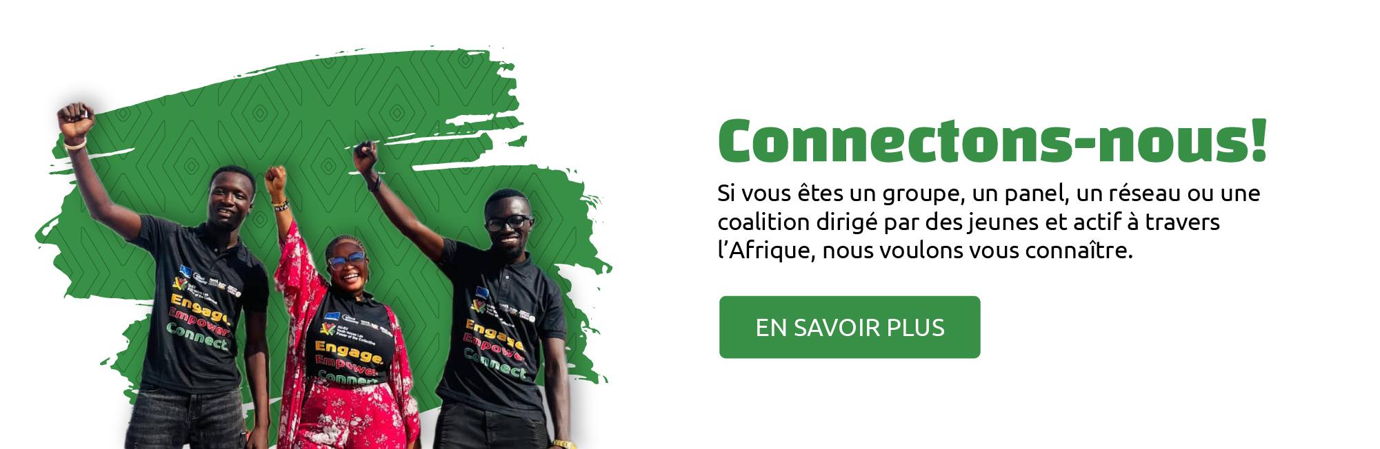 Close-up of two young individuals shaking hands in a friendly exchange, symbolizing connection, collaboration, and partnership. A call to action in French for young people to join the movement is highlighted through modern graphic design elements in the background.