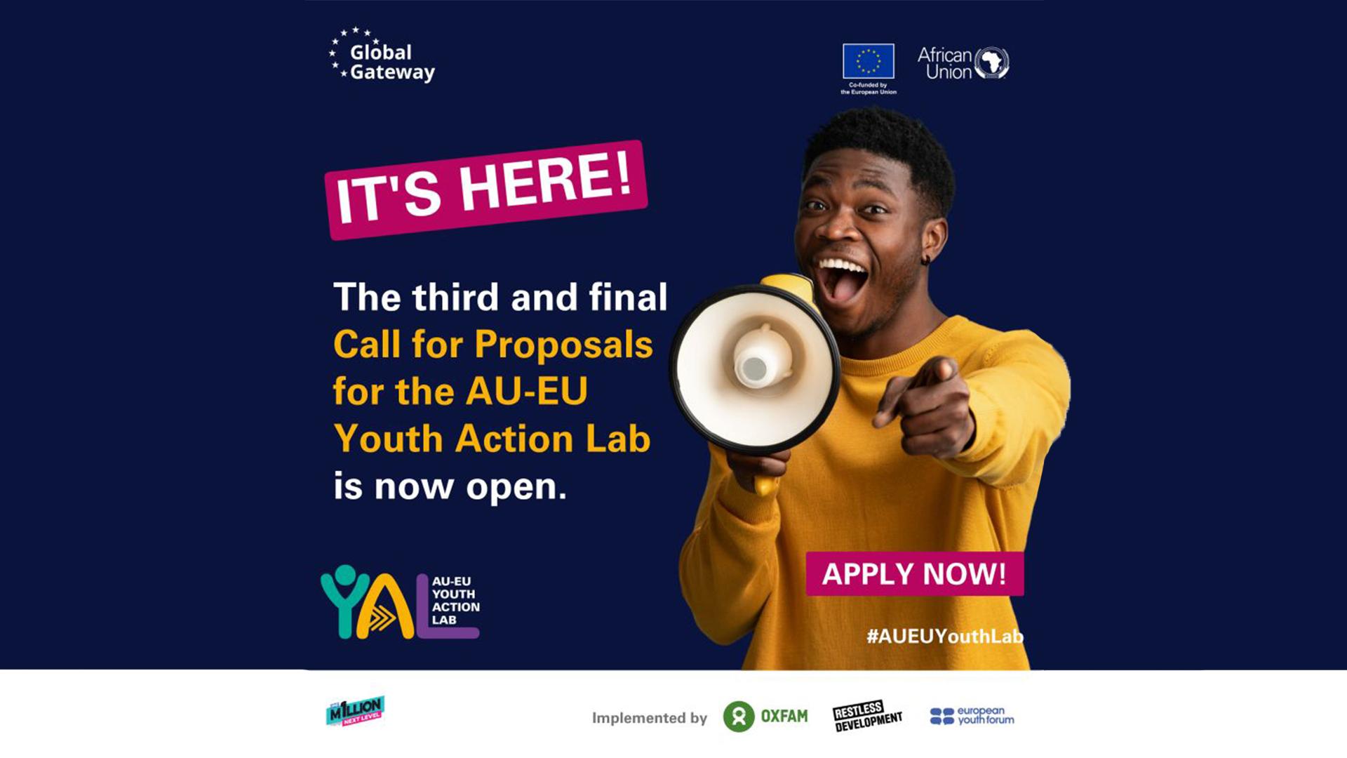 Promotional poster shows a smiling man in yellow holding a megaphone and pointing, announcing the final AU-EU Youth Action Lab call for proposals.