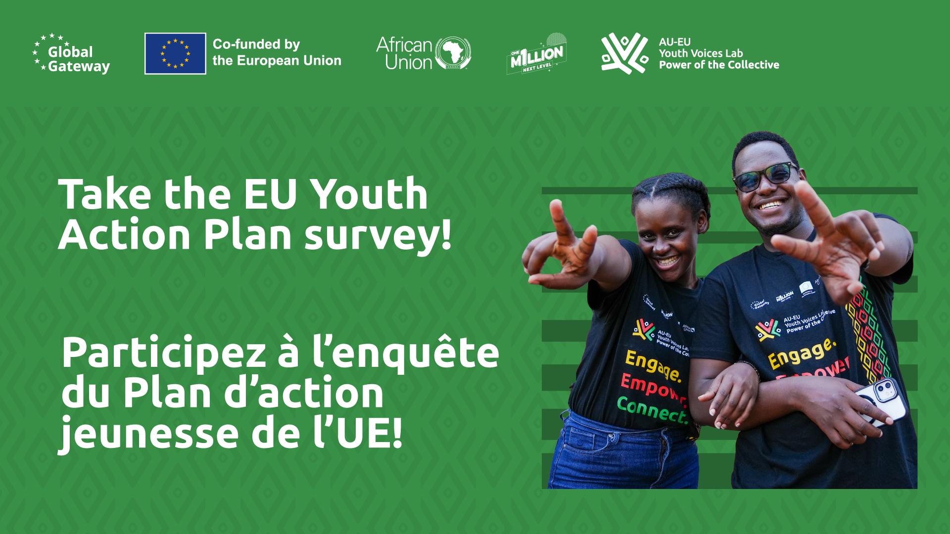 A smiling man and woman point at the camera. Text reads: 'Take the EU Youth Action Plan survey!' in English and French.