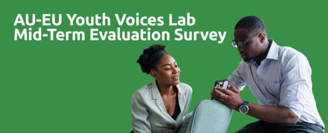 Two young adults sit on a green couch, looking at a phone together. Text on image: "AU-EU Youth Voices Lab Mid-Term Evaluation Survey".