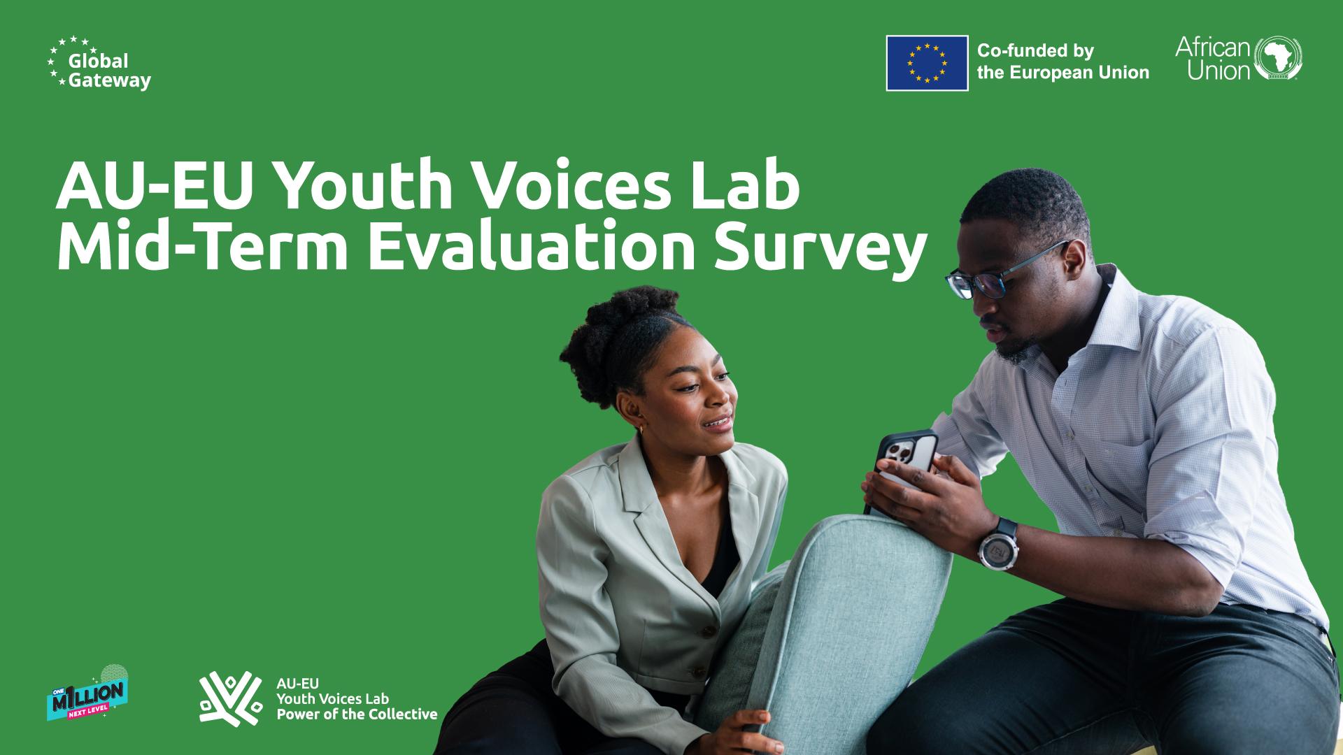 Two young adults sit on a green couch, looking at a phone together. Text on image: "AU-EU Youth Voices Lab Mid-Term Evaluation Survey".