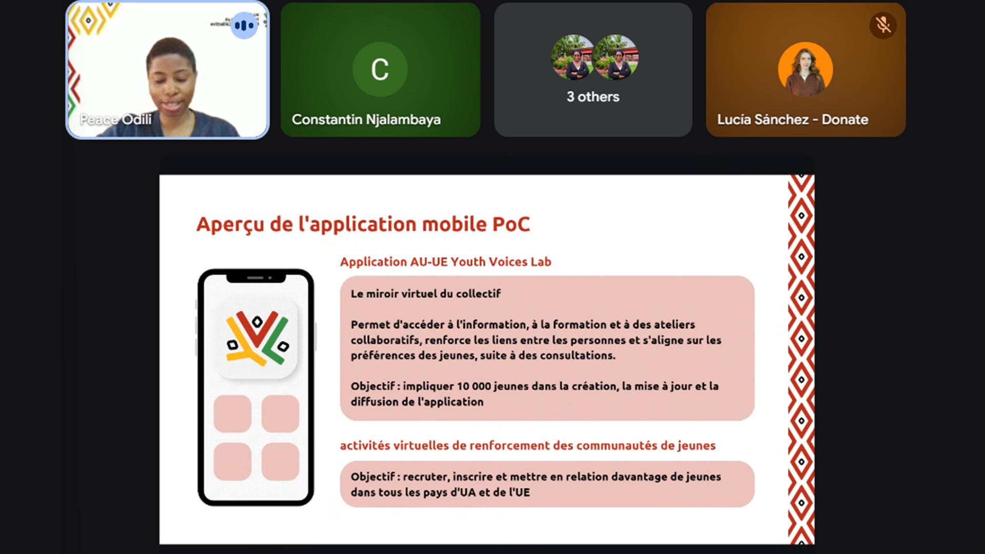 A video conference slide presentation on AU-EU Youth Voices Lab mobile app overview. Includes objectives like youth involvement and community activities.