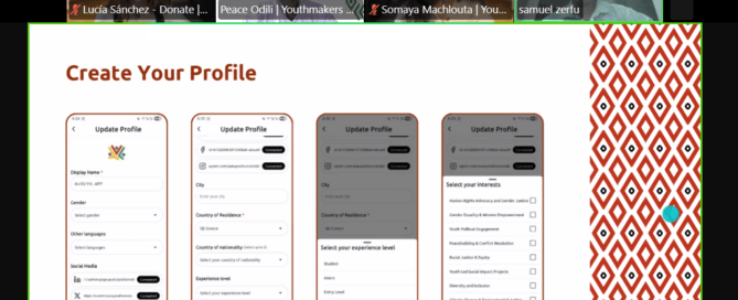 A Zoom meeting screenshot showing four participants above a shared screen displaying a mobile app interface for creating a profile.