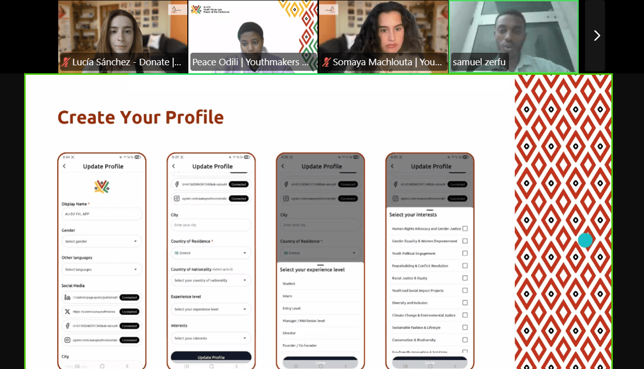 A Zoom meeting screenshot showing four participants above a shared screen displaying a mobile app interface for creating a profile.
